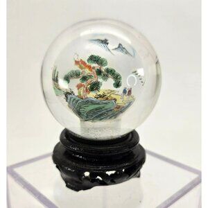 Vintage Chinese Hand-Painted Glass Globe Paperweight Black Base Vintage je219